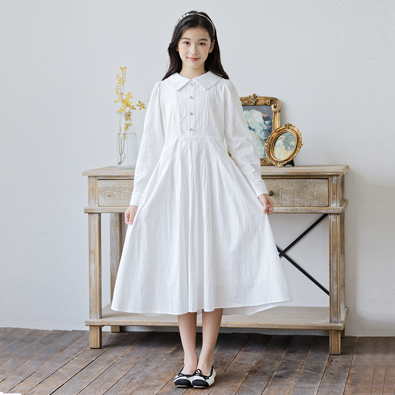 中大女童连衣裙2025新款韩版宽松娃娃领长袖白色裙子女孩洋气秋装