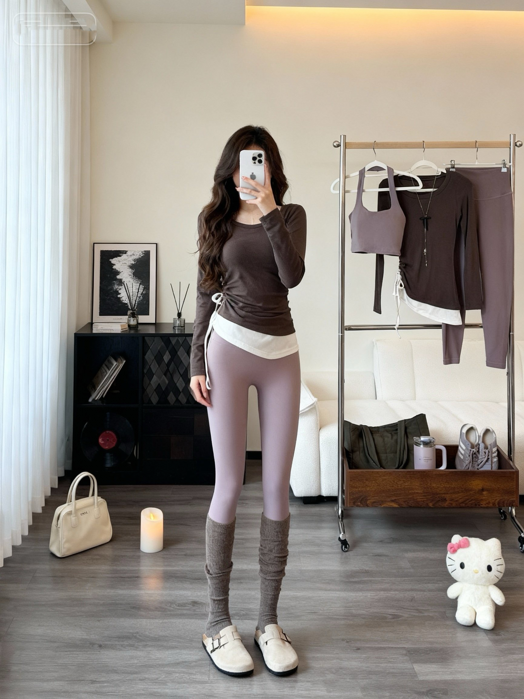 好看的瑜伽套装 撞色斜下摆长袖上衣白色运动文胸裸感高腰瑜伽裤