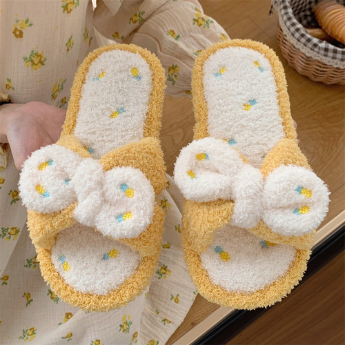 少女韩式秋冬季蝴蝶结软底棉拖鞋