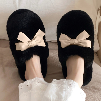 冬韩系蝴蝶结包头居家毛毛拖鞋