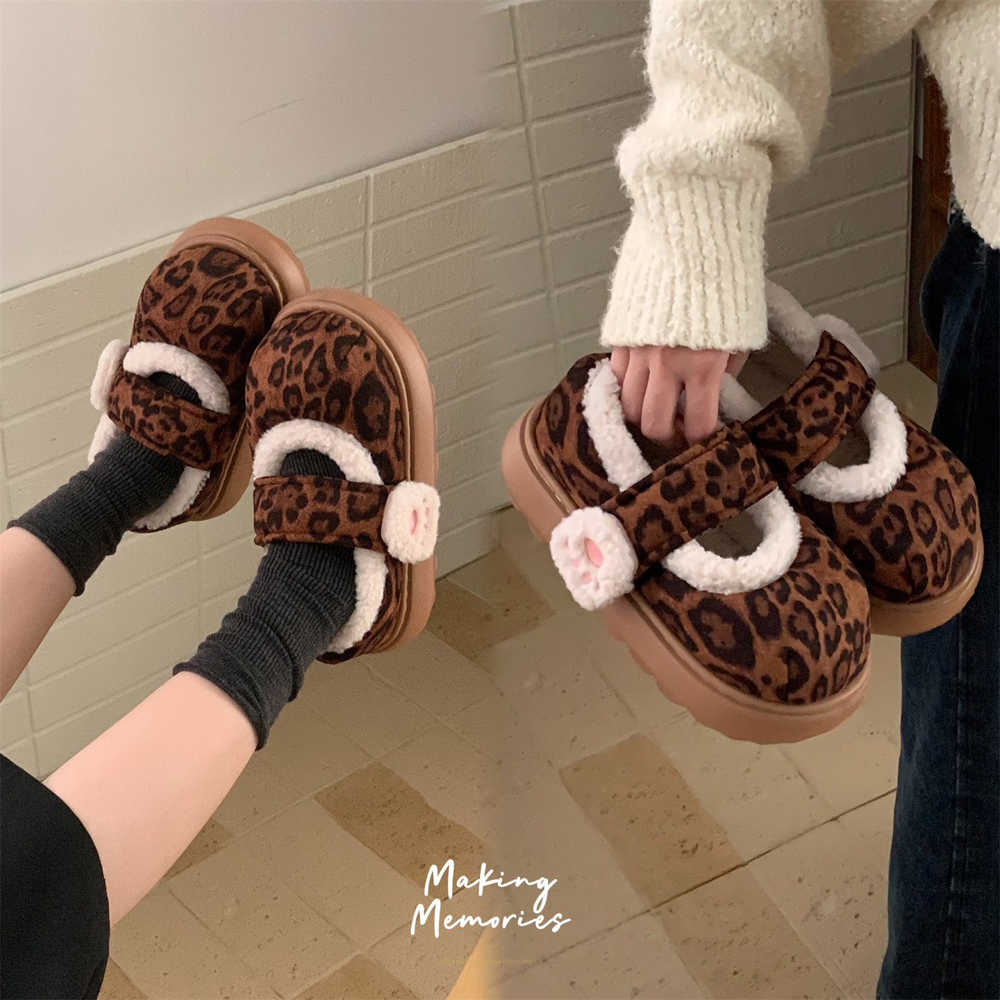 冬季舒适高级感豹纹魔术贴时尚棉鞋防滑玛丽珍可爱猫爪豆豆鞋女士,女鞋,棉鞋,淘宝优惠券,粉丝福利购,淘宝优惠卷