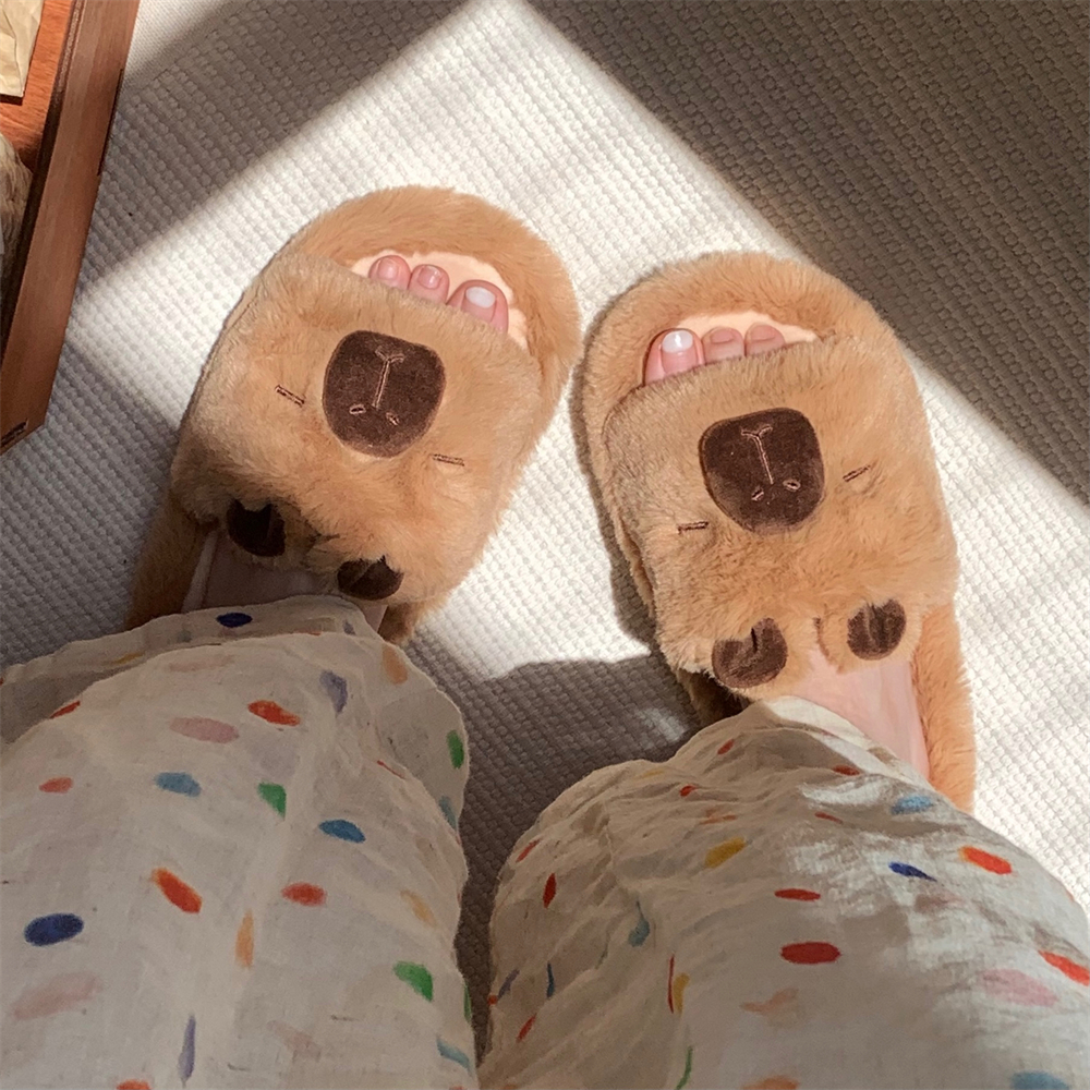 舒适居家保暖趣味可爱毛毛拖鞋女秋冬丑萌卡皮巴拉水豚一字棉拖鞋