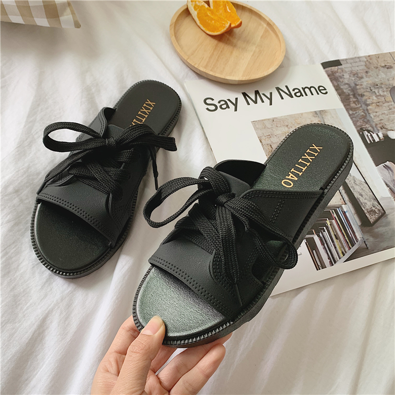 谜.莹韩版复古时尚休闲系带一字拖鞋女夏外穿平底防滑学生沙滩鞋|ruв категории Женская обувь, 拖鞋, 一字拖 - от Buy2taobao.com для оказания профессиональной услуги покупки агента Taobao