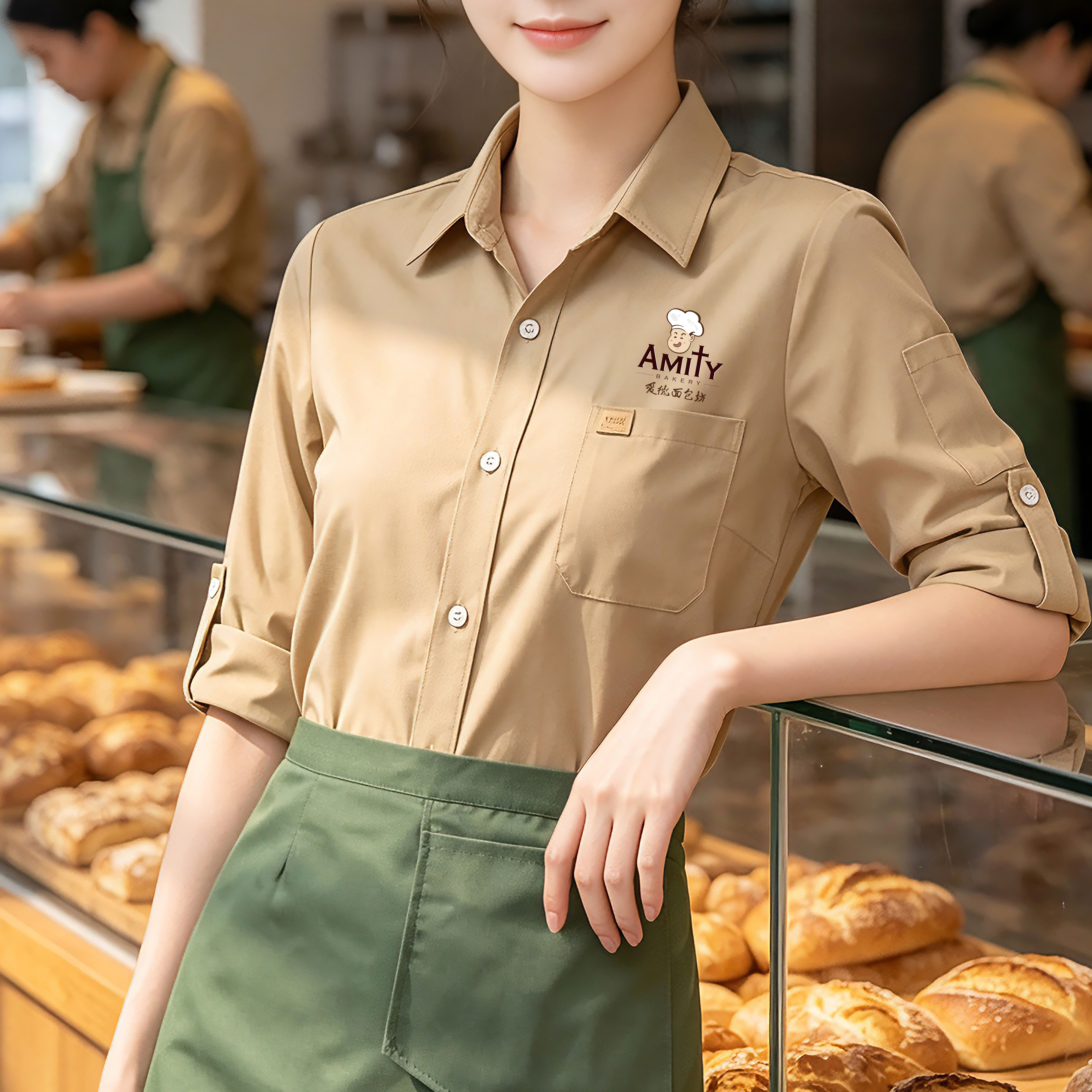 餐饮工作服男女卡其色长袖衬衫定制印logo咖啡烘焙工装七分袖调节图片
