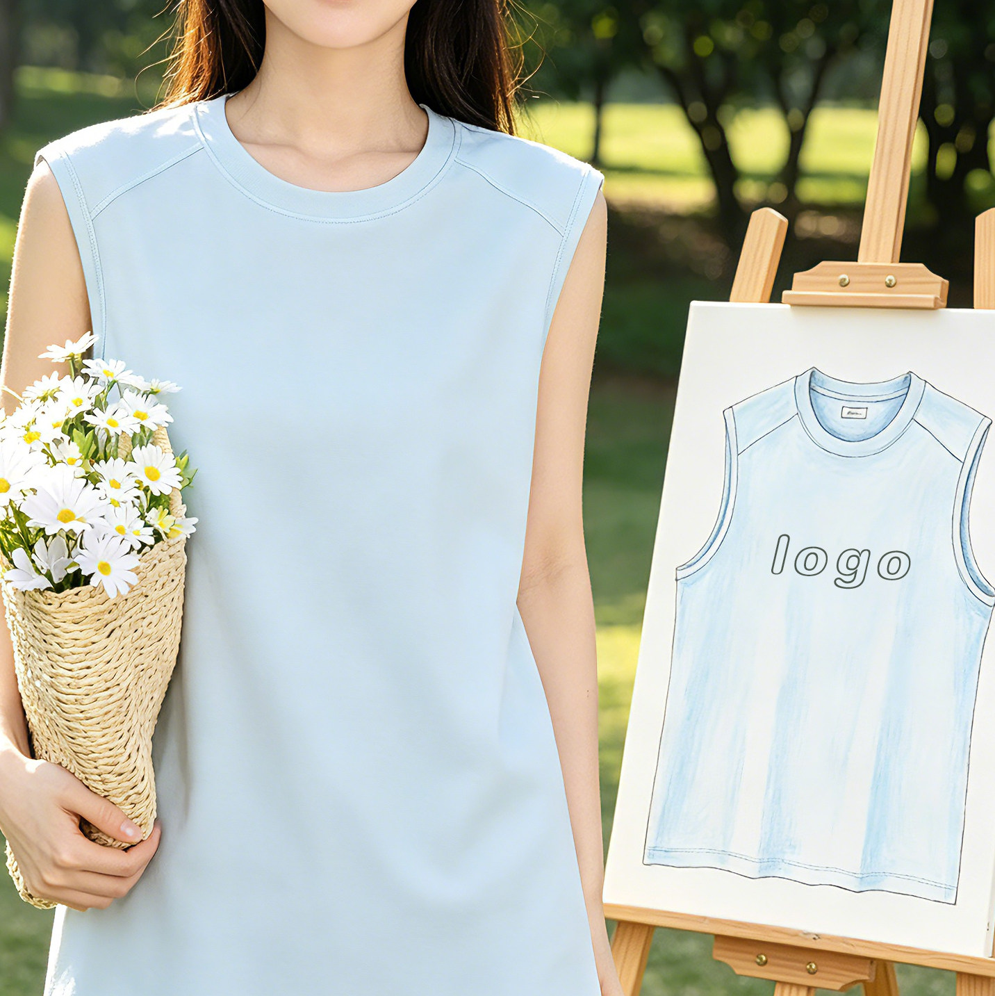 夏季无袖背心女浅蓝色圆领简约工装制服定制印logo户外团建工作服