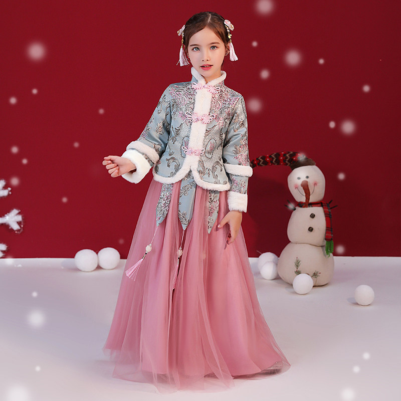 女童汉服国潮儿童唐装中国风古筝演奏服装加棉冬装超仙小孩拜年服