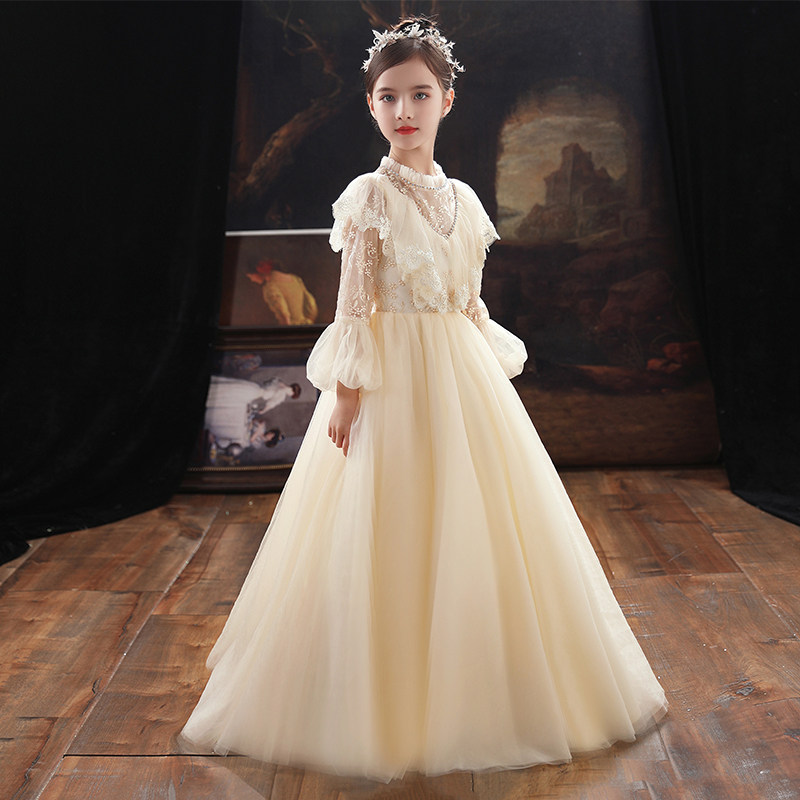 儿童晚礼服公主裙高定小孩花童婚纱女童蓬蓬长袖款生日钢琴演出服