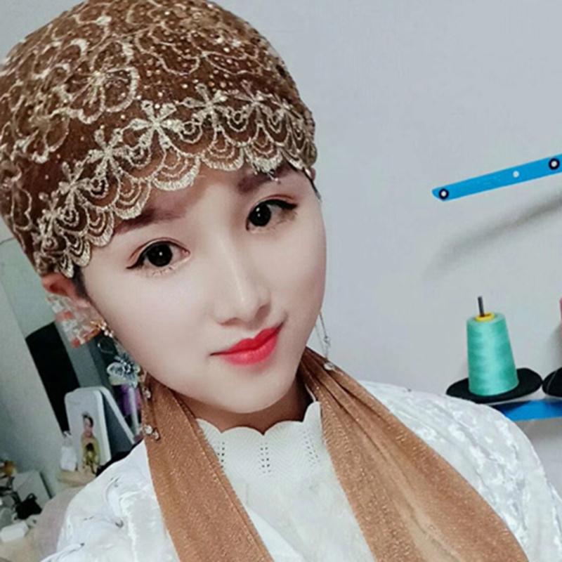 穆斯纱巾夏季新款回女士头巾烫钻双层绑巾绑帽方便套头帽包头巾