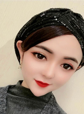 秋冬新款亮片交叉网红遮发包头帽