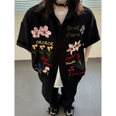 美式复古花卉刺绣华夫格短袖衬衫男款夏季情侣国潮宽松休闲衬衣潮