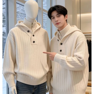 韩系假两件立领毛衣男款冬季加厚高级感连帽针织衫半拉链内搭卫衣