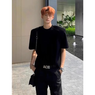 美式纯黑色垫肩短袖男款夏季高级感痞帅重磅t恤潮牌小领口半袖