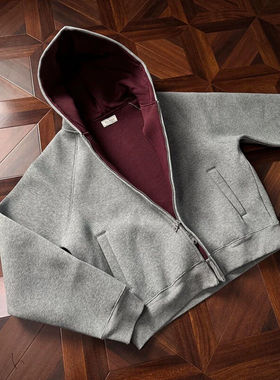 oclin空气层短款连帽卫衣男女款秋冬季重磅boxy版型红内开衫外套