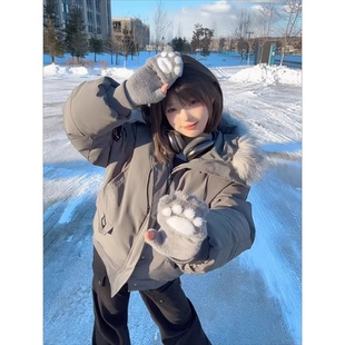 灰色毛领连帽派克羽绒棉服男款冬季加厚工装棉衣美式复古短款外套