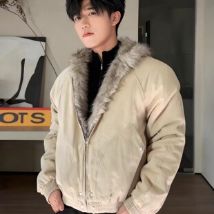 座山雕重磅硬挺毛领连帽棉衣外套男冬季短款美式复古水洗棉服夹克