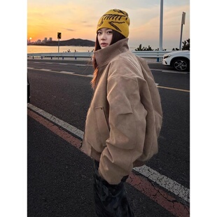 PU皮美式咖色夹克棉服男款冬季美拉德加绒工装外套立领短款棒球服