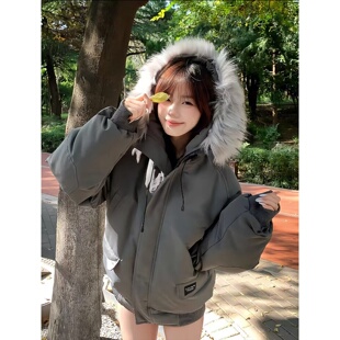 灰色潮牌工装派克服男女款冬季可拆卸毛领棉服中性风加厚棉袄外套