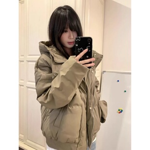 卡其色美式pu皮连帽羽绒棉服男款冬季加厚短款立领面包服棉衣外套