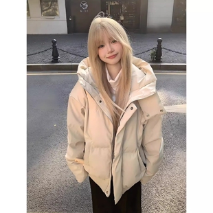 米白色pu皮羽绒棉服男女冬季立领连帽加厚棉衣外套情侣短款面包服