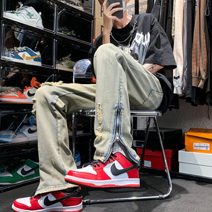 黄泥色破洞牛仔裤男美式拉链开衩高街裤秋季新款直筒休闲裤男裤潮