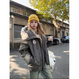 棉服外套连帽美式 加厚防寒工装 情侣棉袄 冬季 灰色毛领派克服男女款