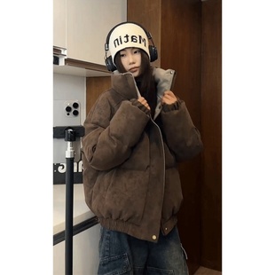 面包服boxy短款 美式 pu皮棉衣外套 冬季 美拉德撞色扎染脏脏棉服男款