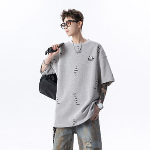 250克重磅破洞短袖t恤男士夏季2025新款高级感熊猫刺绣冰丝体恤