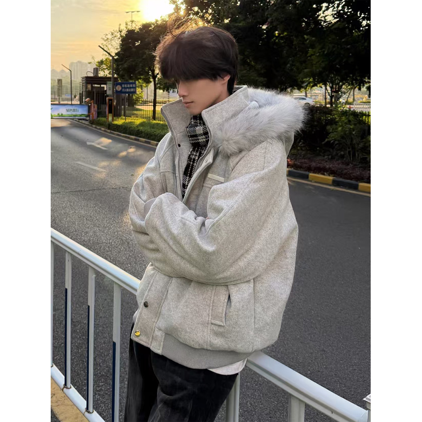 cleanfit大毛领连帽棉服男款冬季加厚毛呢外套棉衣美式座山雕棉袄