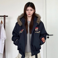 AHCN藏青色刺绣徽章棉服男款冬季加厚保暖短款可拆卸毛领外套棉衣