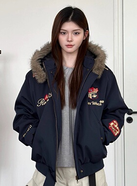 AHCN藏青色刺绣徽章棉服男款冬季加厚保暖短款可拆卸毛领外套棉衣