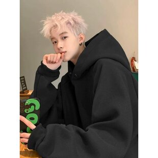 纯黑色600g重磅硬挺毛呢卫衣男冬季hoodie排扣连帽衫美式潮牌外套