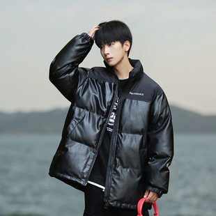 pu皮面立领棉服男士休闲拼接棉衣青少年宽松加厚面包服冬季厚外套
