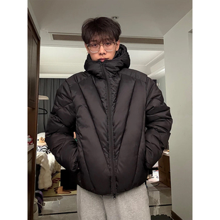 黑色鳞甲排骨羽绒棉服男冬季高级感解构加厚防寒v型美式连帽外套