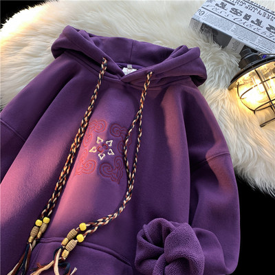 美式加绒加厚紫色刺绣连帽卫衣男
