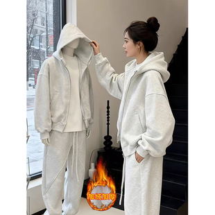 加绒加厚boxy重磅连帽开衫 短款 卫衣 cleanfit外套男冬季 白花灰美式