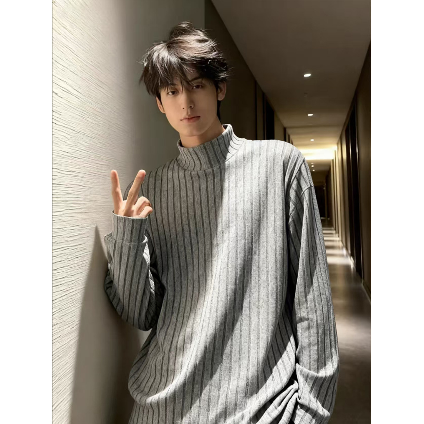 灰色条纹半高领卫衣男款冬季加绒厚内搭针织长袖t恤高级感打底衫