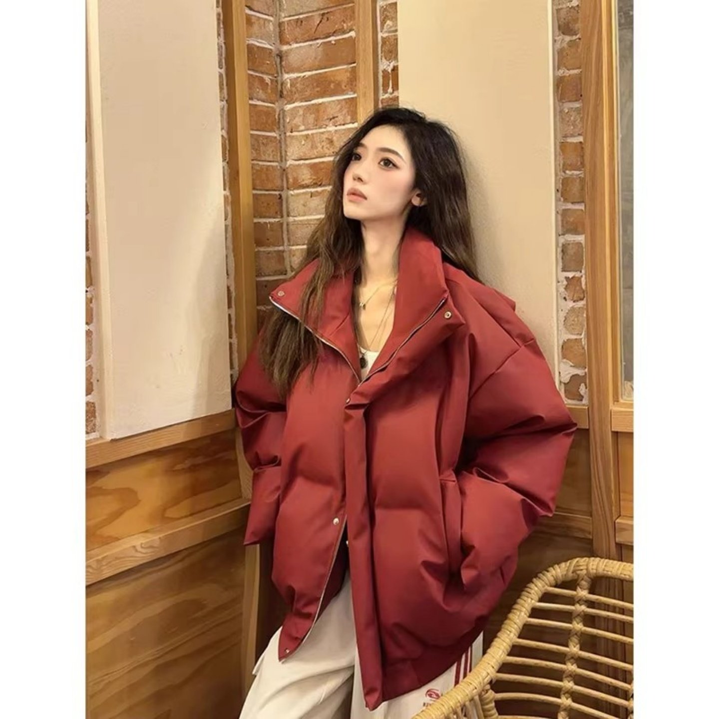 酒红色PU皮短款羽绒棉服男女冬季加厚保暖棉衣外套美式立领面包服,男装,棉衣,淘宝优惠券,粉丝福利购,淘宝优惠卷