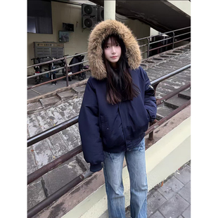 藏青色大毛领派克棉服男女冬季加厚保暖连帽羽绒外套短款棉衣夹克