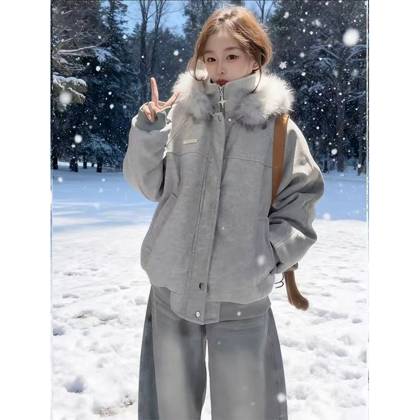 灰色座山雕毛呢棉服男款冬季加厚抗寒大毛领美式短款连帽棉衣外套