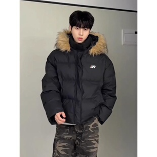 黑色美式短款羽绒棉服男冬潮牌可拆卸毛领派克棉服情侣面包服外套