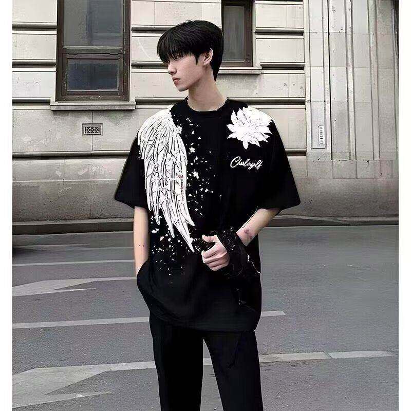 万针刺绣肩章翅膀印花短袖男美式重磅纯棉痞帅正肩t恤高级感半袖