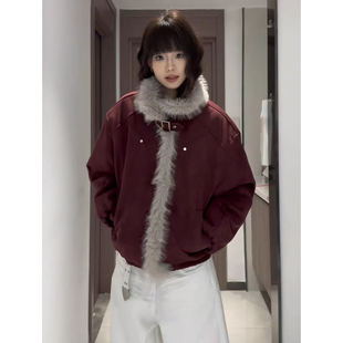 酒红色座山雕毛领夹克棉服男款冬季cleanfit美式解构加绒短款外套