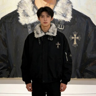 美式高街十字架座山雕棉服男款冬季加厚保暖棉衣cleanfit毛领外套