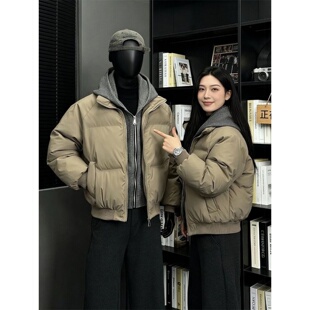 假两件连帽晋江棉服男款冬季高级感PU皮夹克美式加厚保暖羽绒外套