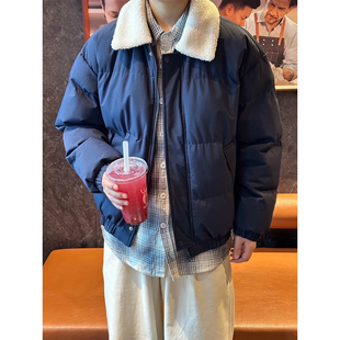 藏青色翻领晋江棉服男款冬季加绒羊羔毛领棉衣外套高级感短款棉袄