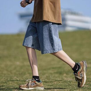男士 五分中裤 夏季 潮牌宽松休闲潮流薄款 子 2025新款 浅蓝色牛仔短裤