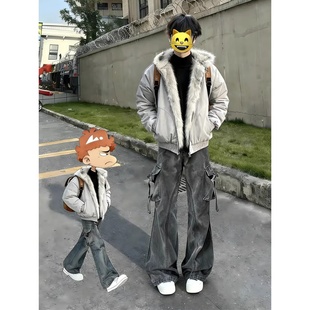 美式毛领连帽座山雕棉服男冬季加绒加厚解构外套痞帅短款棉衣夹克