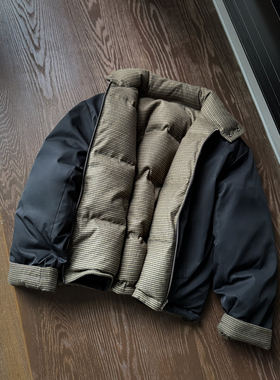 oclin千鸟格哈灵顿短款羽绒棉服男冬季高级感双面穿美式棉衣外套