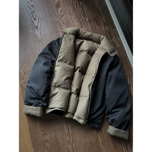 oclin千鸟格哈灵顿短款羽绒棉服男冬季高级感双面穿美式棉衣外套