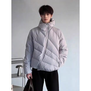 灰色美式排骨羽绒棉服男冬季设计感斜拉链棉衣外套短款连帽面包服